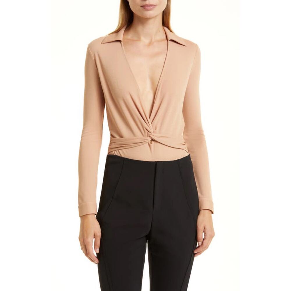 Donna Karan New York Twist Front Plunge LS Crepe Jersey Bodysuit in Toast Size M